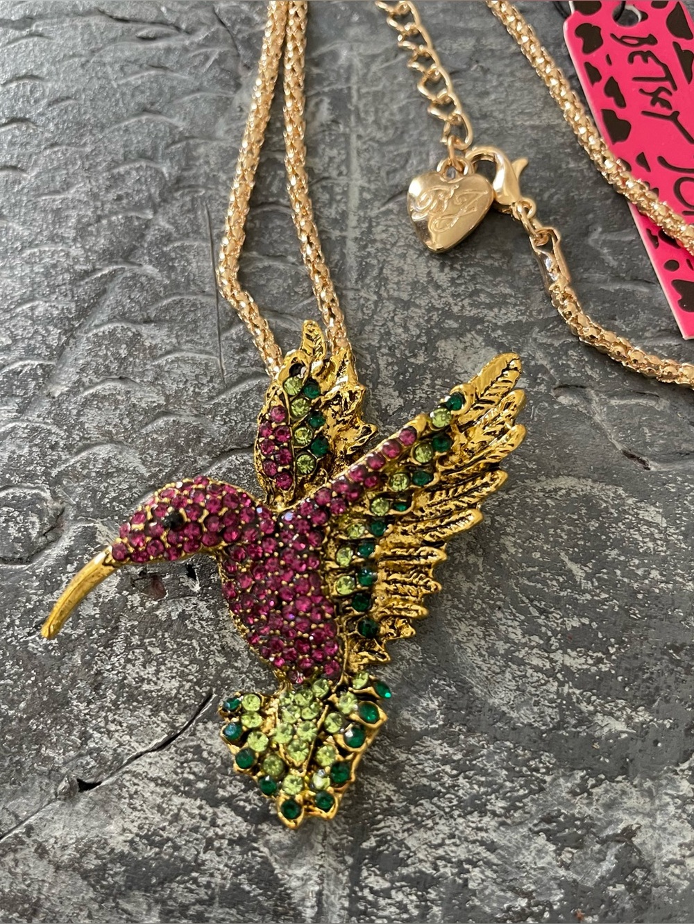Gold Hummingbird Pendant Necklace with Pink Purple & Green Crystals